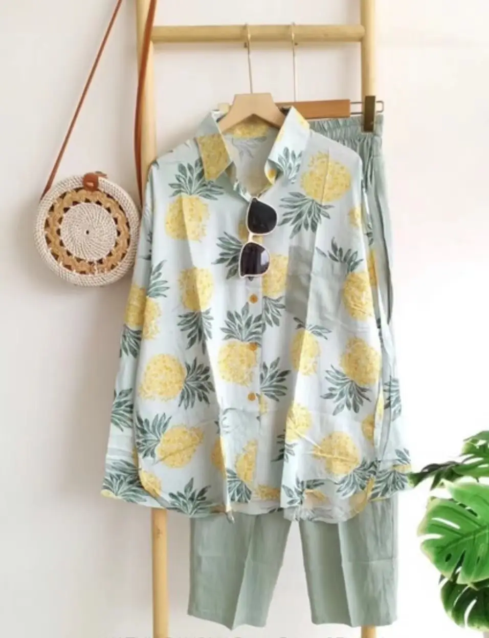 2023 Summer Women's Printed Cotton Suit Turquoise — feature 3