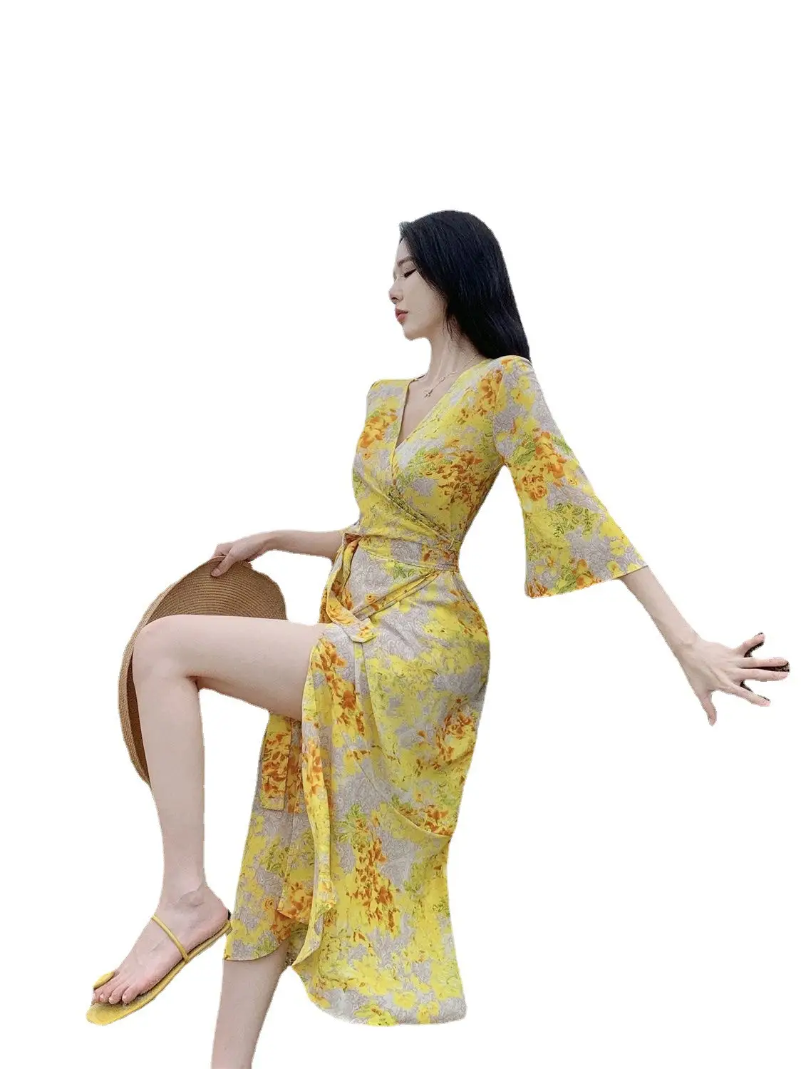 Yellow Floral Battle Gown V-Neck Hip Skirt Set