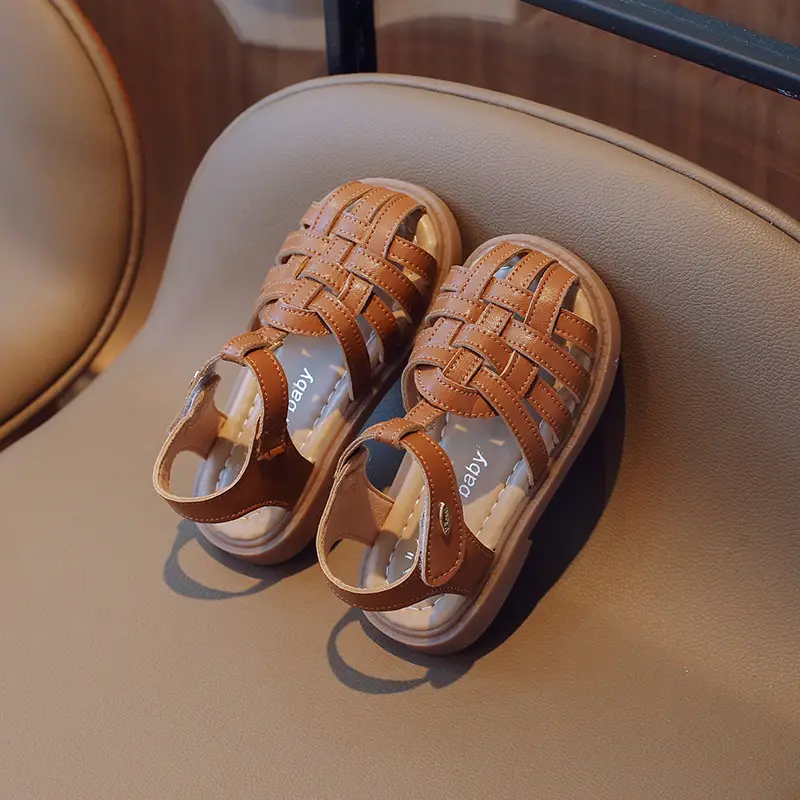 Girls Beige Woven Sandals Large Soft Sole
