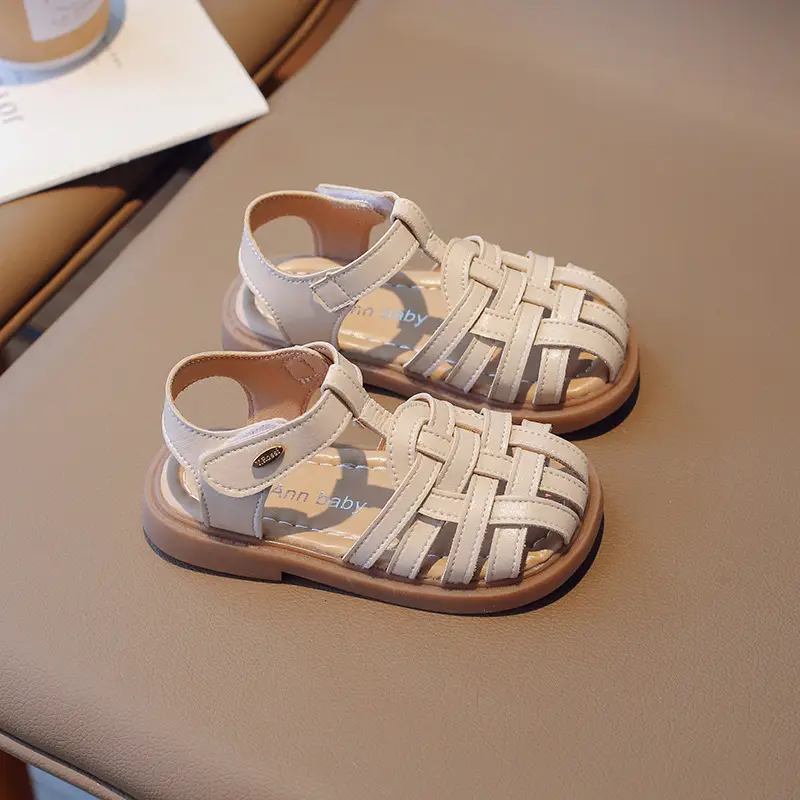 Girls Beige Woven Sandals Large Soft Sole