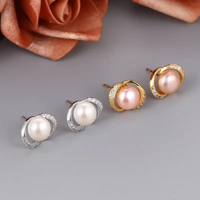 Freshwater Pearl Ring Flower Inlaid Zircon Earrings for Women - Image 6