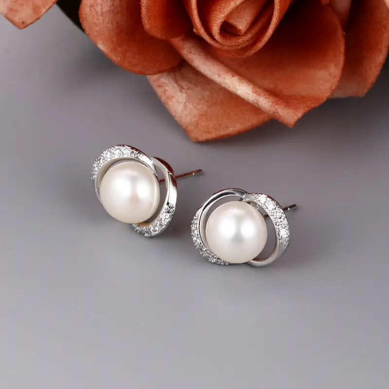 Freshwater Pearl Ring Flower Inlaid Zircon Earrings for Women - Image 4