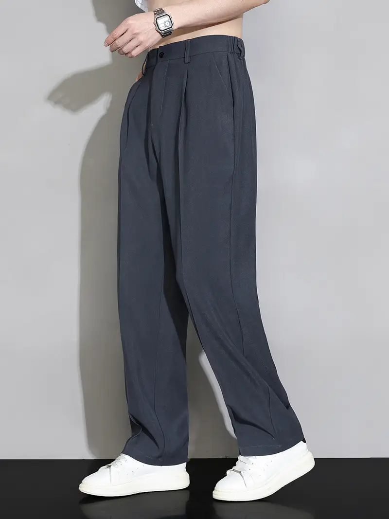 Men Ice Silk Wide Leg Straight Leg Trousers Black - Image 5