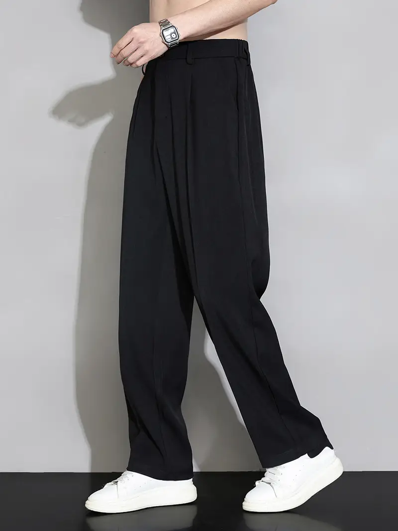 Men Ice Silk Wide Leg Straight Leg Trousers Black - Image 6