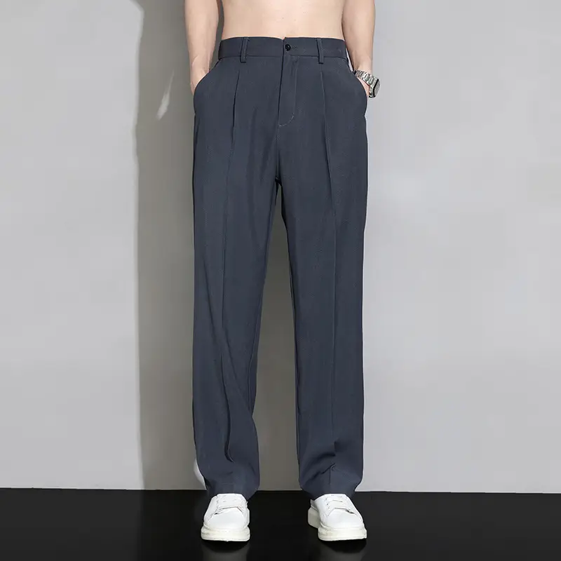 Men Ice Silk Wide Leg Straight Leg Trousers Black - Image 2