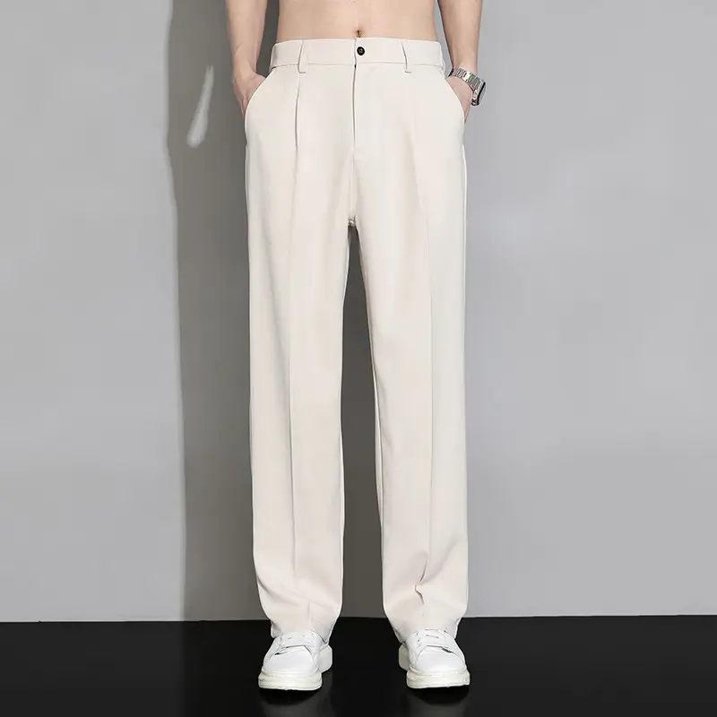 Men Ice Silk Wide Leg Straight Leg Trousers Black - Image 3