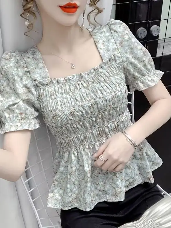 Women Square Collar Floral Chiffon Top Short Sleeve - Image 12