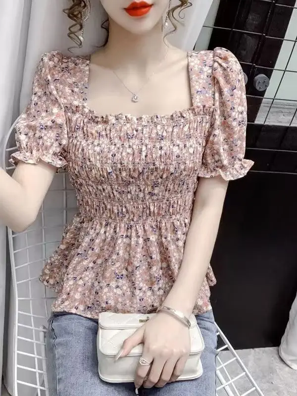 Women Square Collar Floral Chiffon Top Short Sleeve - Image 13
