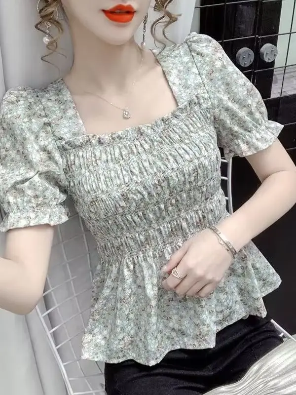 Women Square Collar Floral Chiffon Top Short Sleeve - Image 14