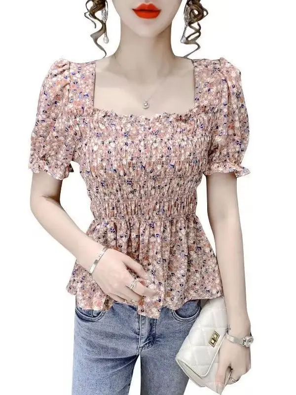 Women Square Collar Floral Chiffon Top Short Sleeve - Image 15