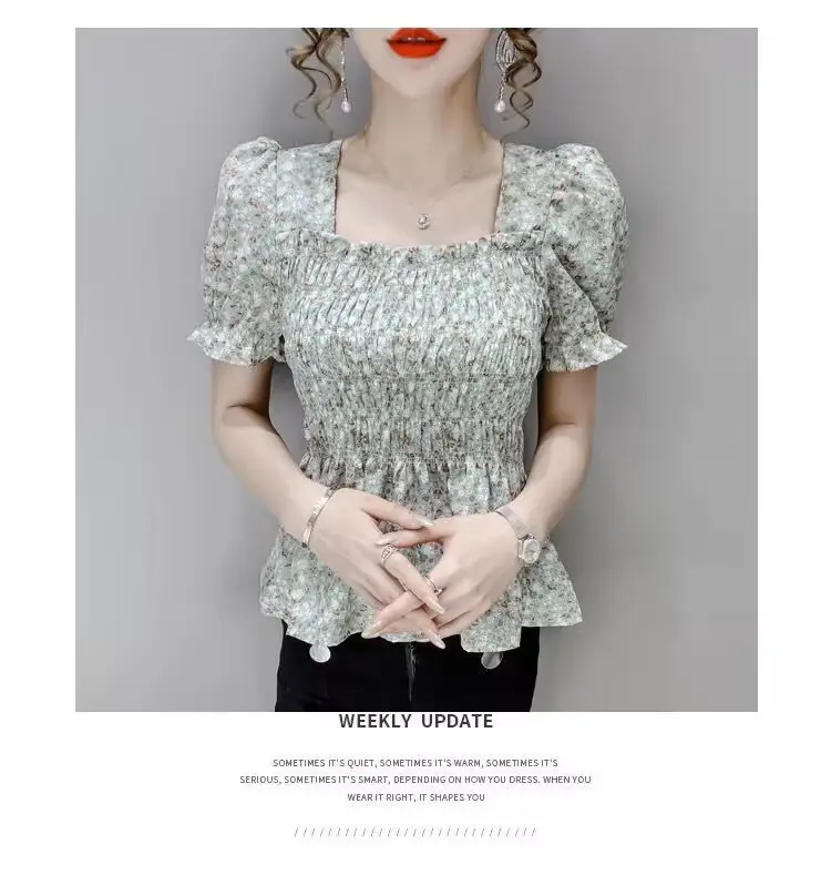Women Square Collar Floral Chiffon Top Short Sleeve — feature 10