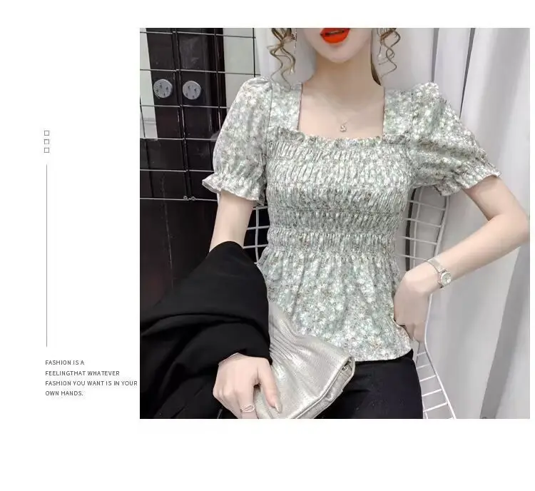 Women Square Collar Floral Chiffon Top Short Sleeve — feature 11