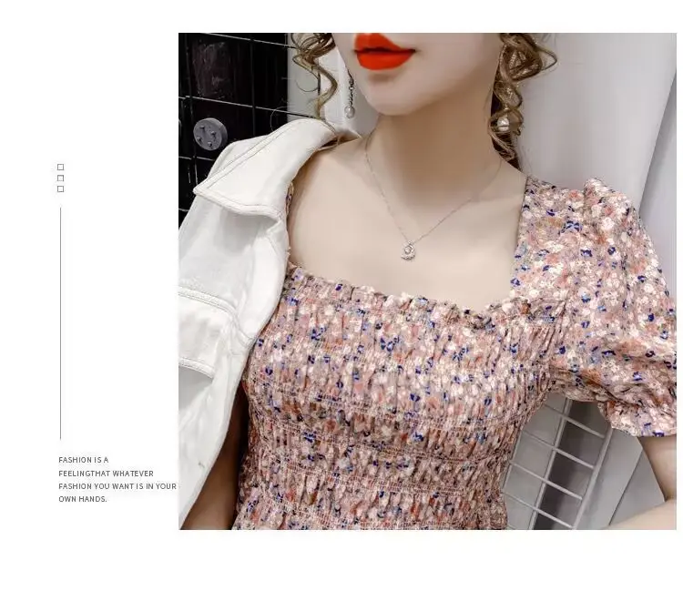 Women Square Collar Floral Chiffon Top Short Sleeve — feature 12