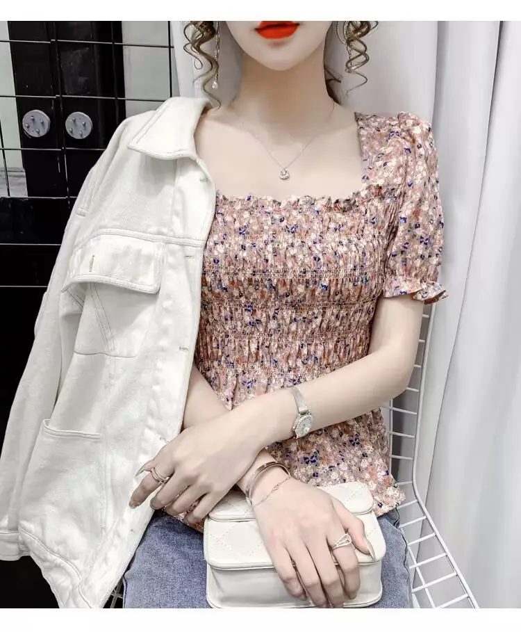 Women Square Collar Floral Chiffon Top Short Sleeve — feature 13