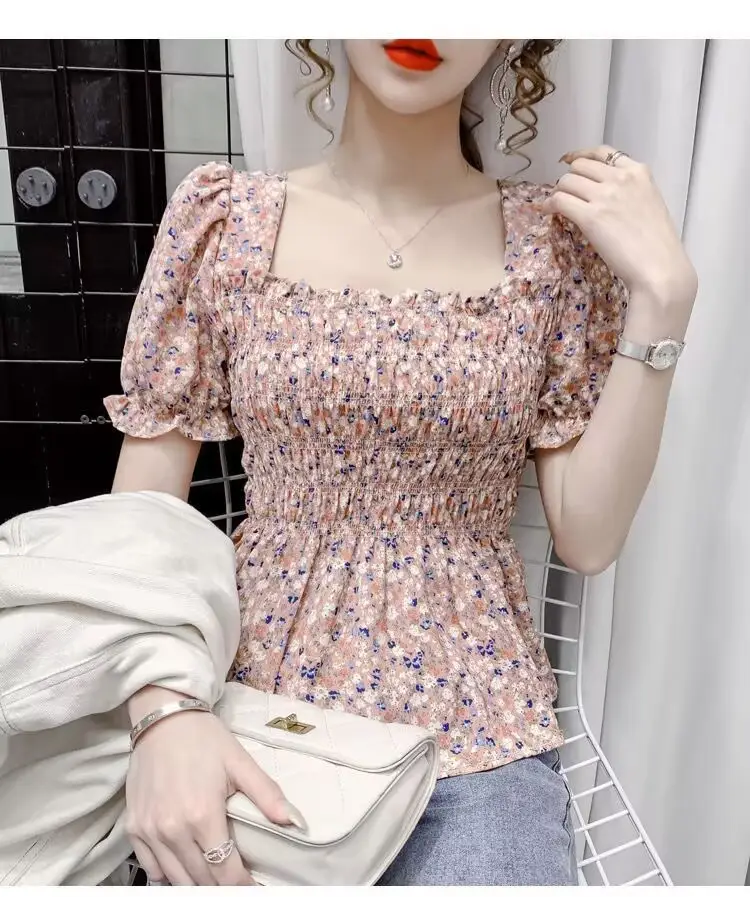 Women Square Collar Floral Chiffon Top Short Sleeve — feature 14