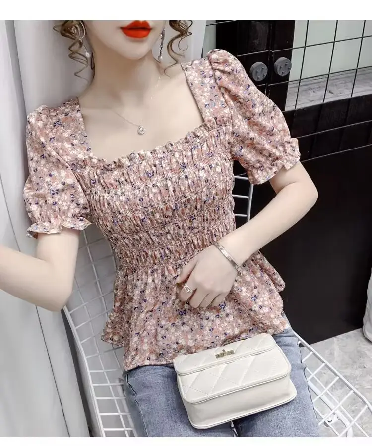 Women Square Collar Floral Chiffon Top Short Sleeve — feature 15