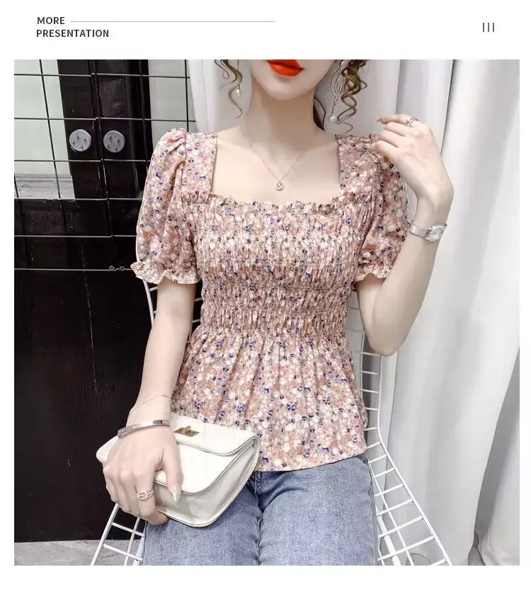 Women Square Collar Floral Chiffon Top Short Sleeve — feature 16