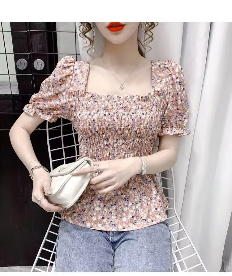 Women Square Collar Floral Chiffon Top Short Sleeve — feature 17