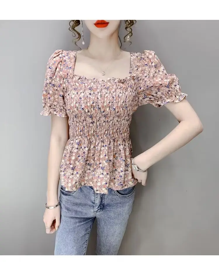 Women Square Collar Floral Chiffon Top Short Sleeve — feature 18