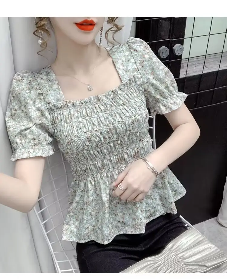 Women Square Collar Floral Chiffon Top Short Sleeve — feature 5