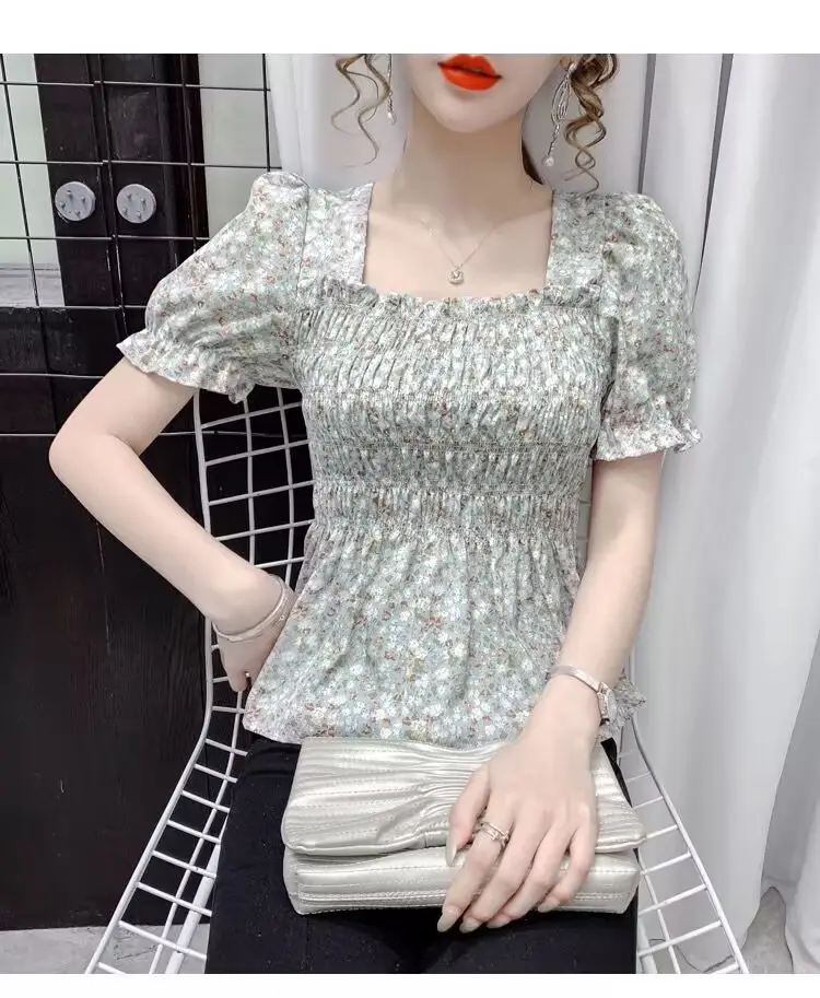 Women Square Collar Floral Chiffon Top Short Sleeve — feature 6