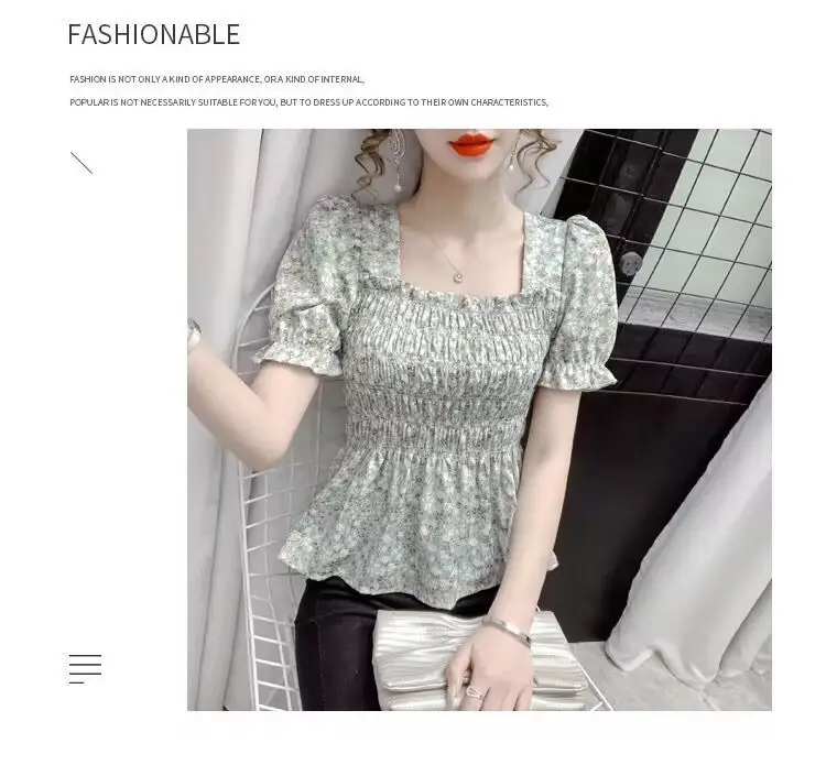 Women Square Collar Floral Chiffon Top Short Sleeve — feature 7