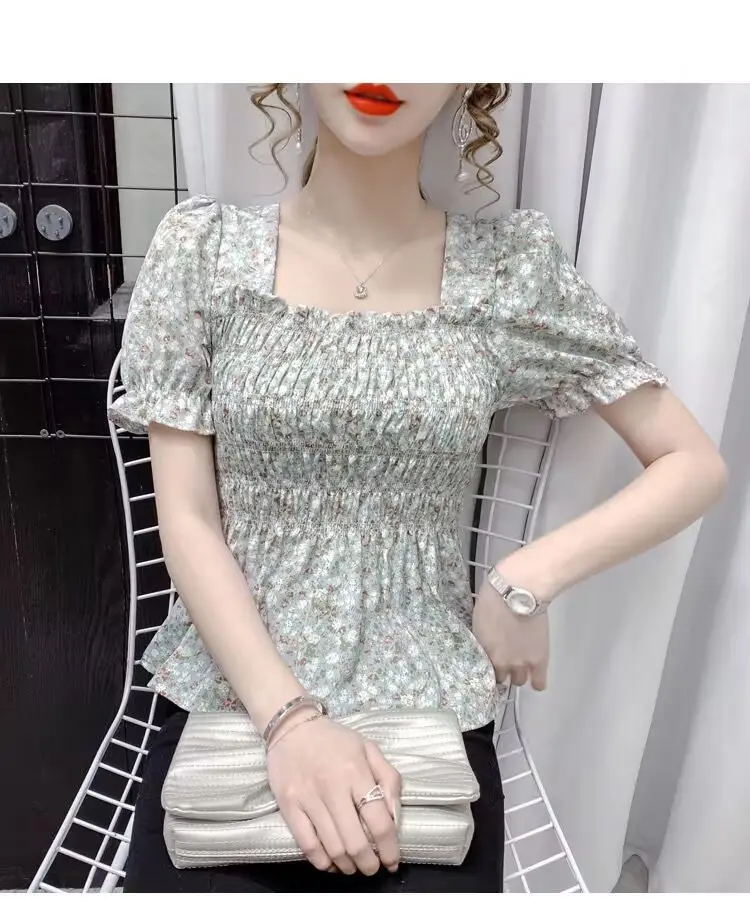 Women Square Collar Floral Chiffon Top Short Sleeve — feature 8