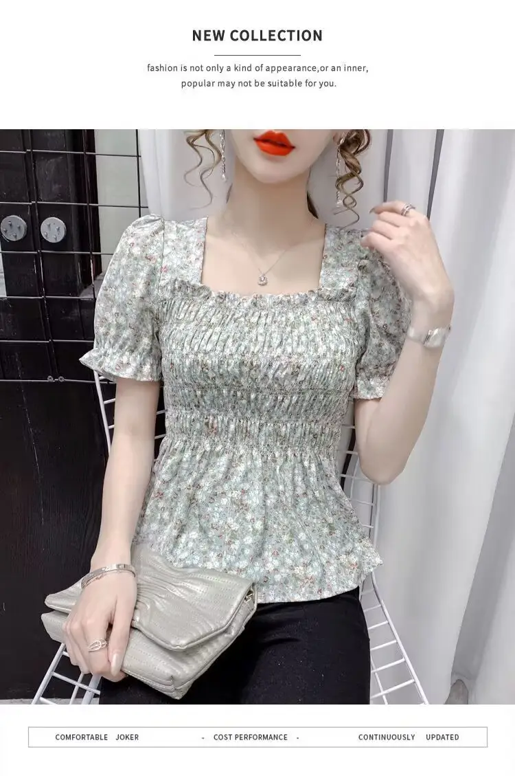 Women Square Collar Floral Chiffon Top Short Sleeve — feature 9