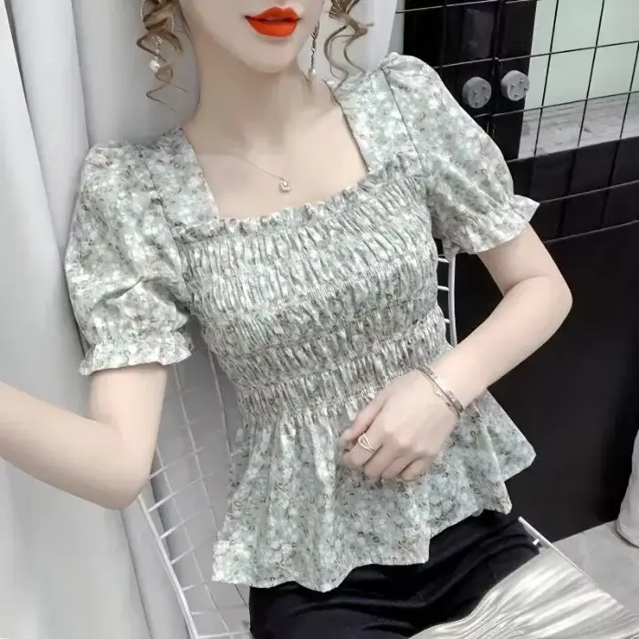 Women Square Collar Floral Chiffon Top Short Sleeve - Image 5