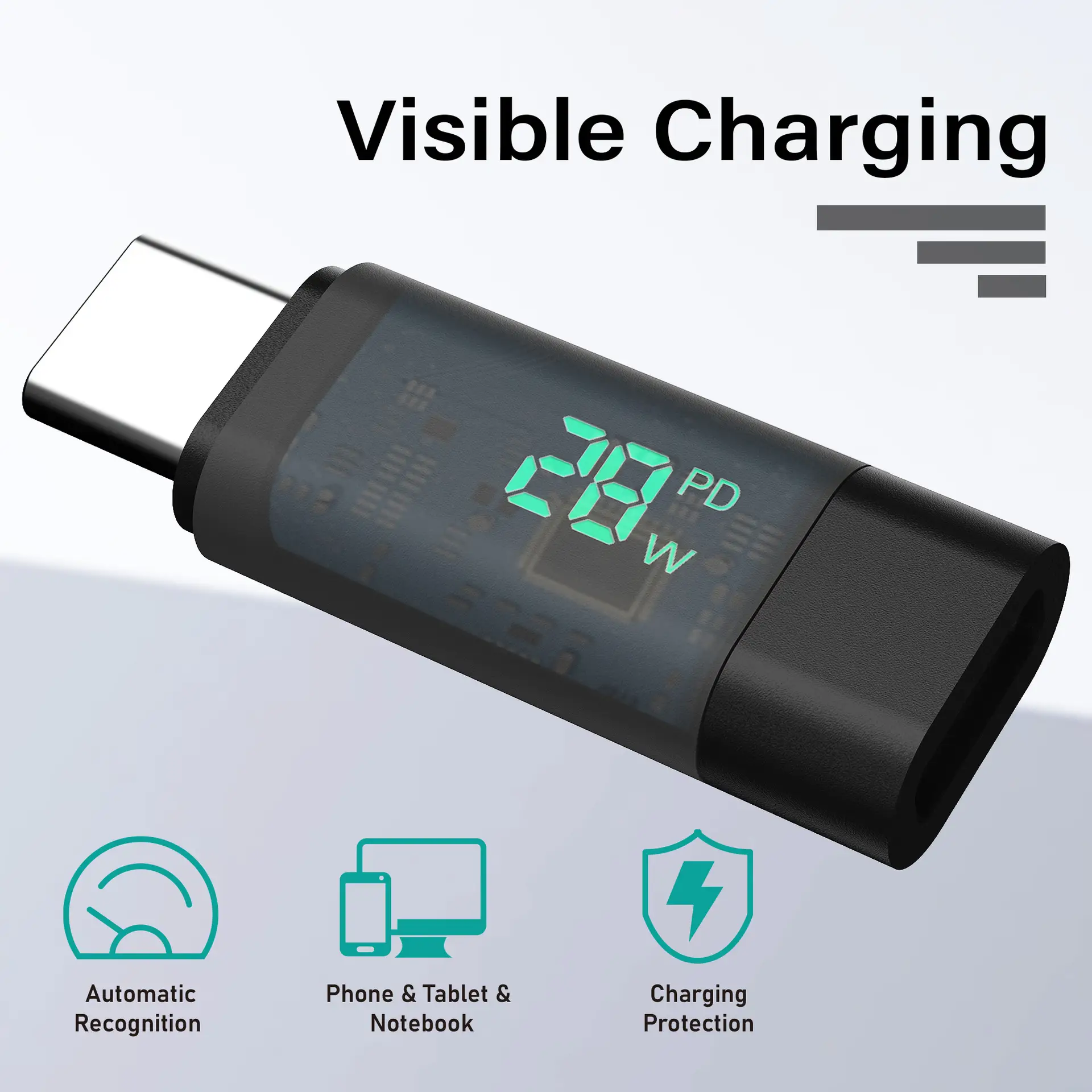 Type-C Male to Female Fast Charging Cable with Digital Display