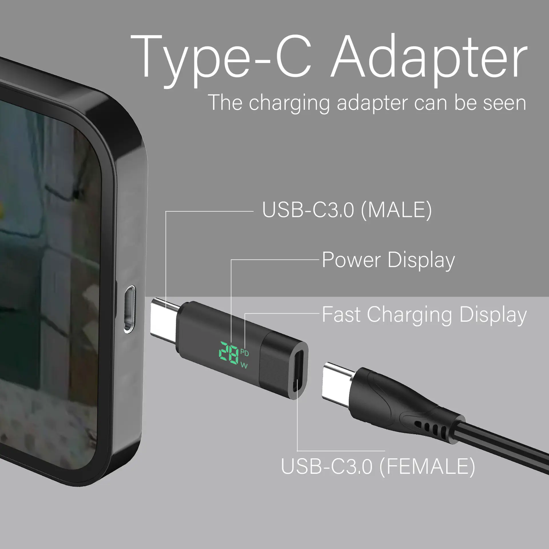 Type-C Male to Female Fast Charging Cable with Digital Display
