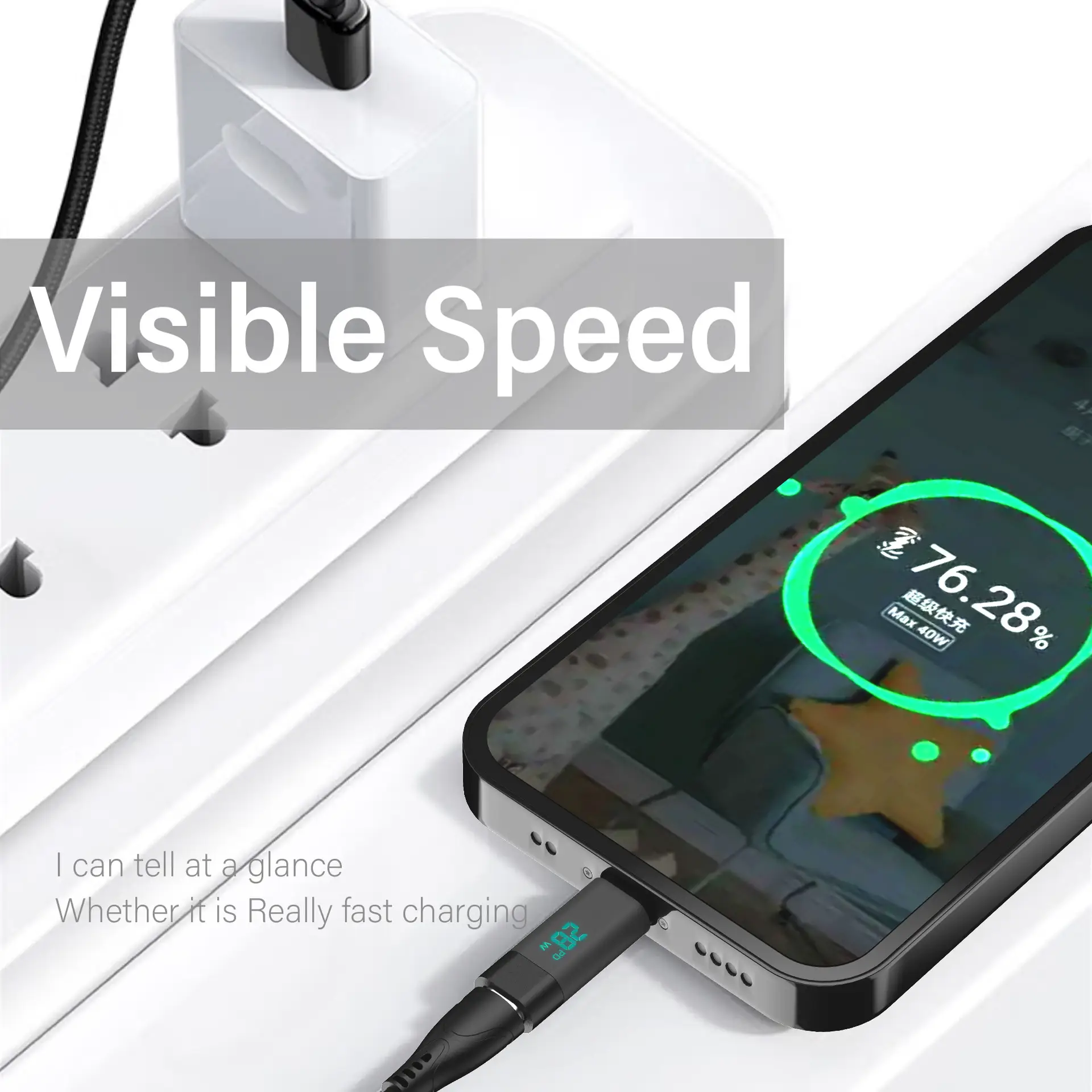 Type-C Male to Female Fast Charging Cable with Digital Display