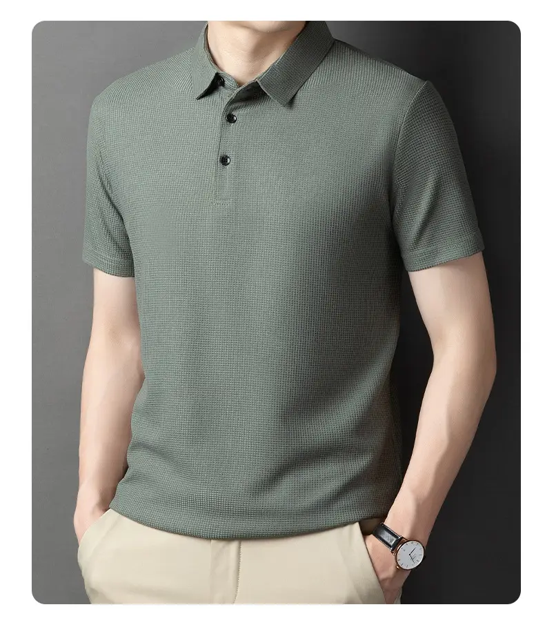Men Dark Green Polo Shirt Short Sleeve Business Casual — feature 14