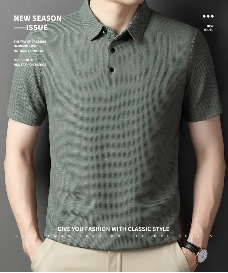 Men Dark Green Polo Shirt Short Sleeve Business Casual — feature 2