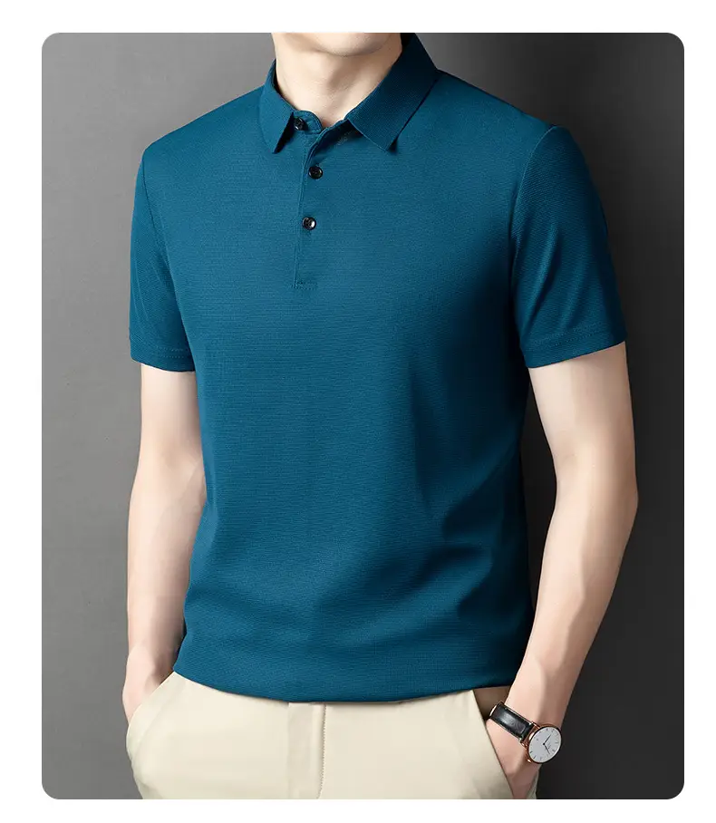 Men Dark Green Polo Shirt Short Sleeve Business Casual — feature 9