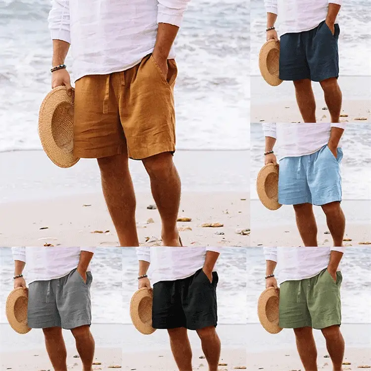 Men Drawstring Shorts Blue Cotton Linen Stretch Waist - Image 8