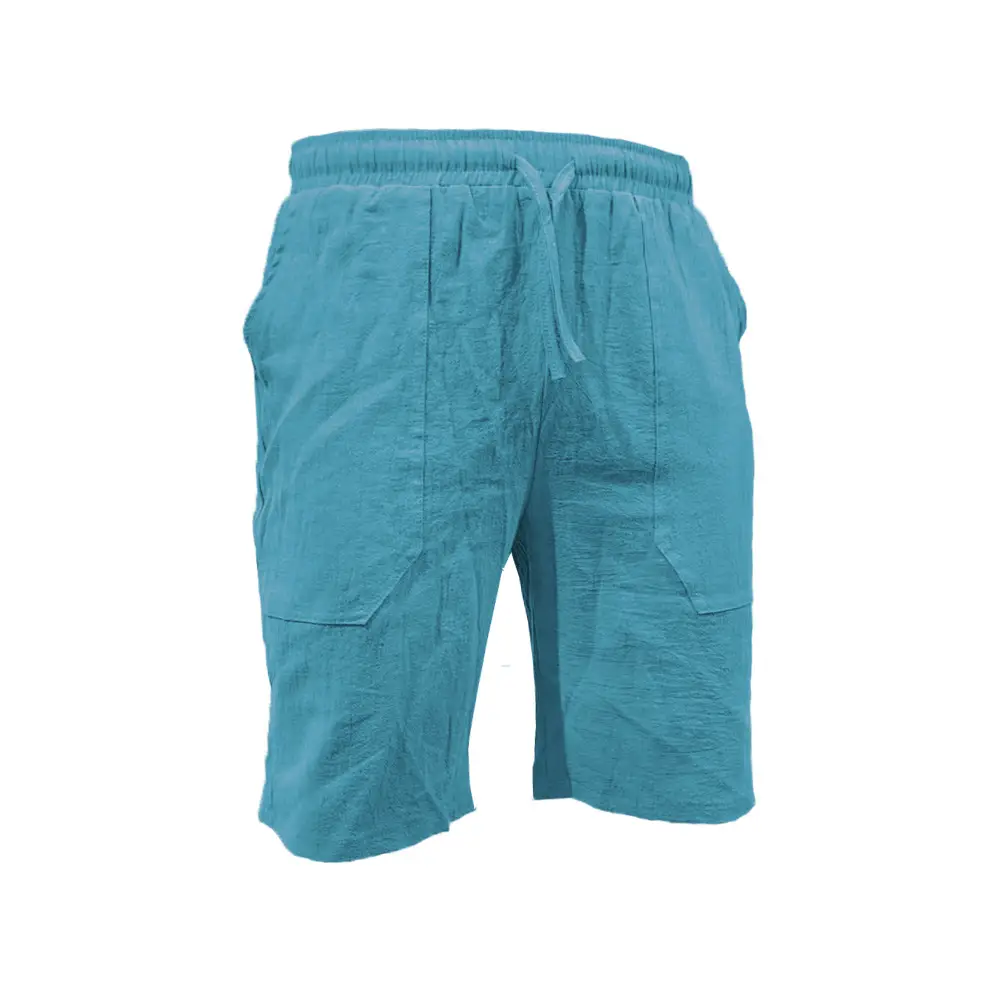 Men Drawstring Shorts Blue Cotton Linen Stretch Waist - Image 12