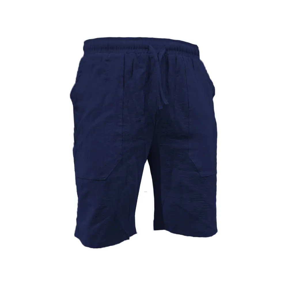 Men Drawstring Shorts Blue Cotton Linen Stretch Waist — feature 16