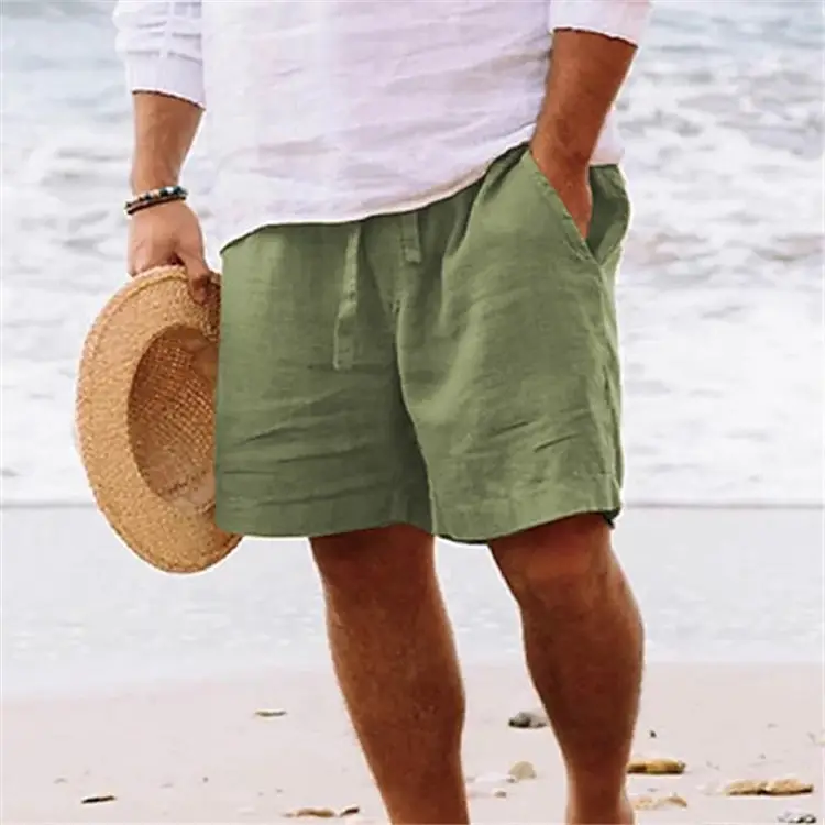 Men Drawstring Shorts Blue Cotton Linen Stretch Waist — feature 5