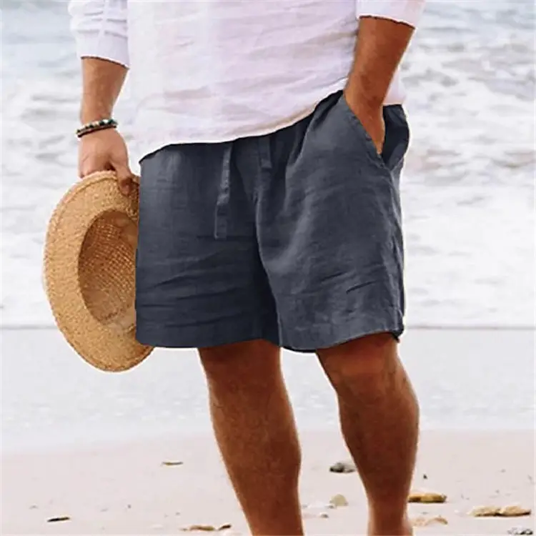 Men Drawstring Shorts Blue Cotton Linen Stretch Waist — feature 6