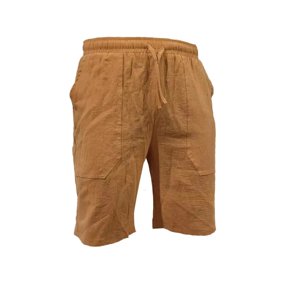 Men Drawstring Shorts Blue Cotton Linen Stretch Waist — feature 9