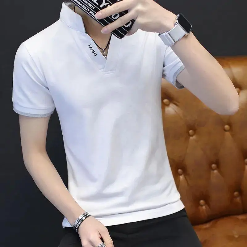 Men Red Korean Style Polo T-Shirt Large - Image 2