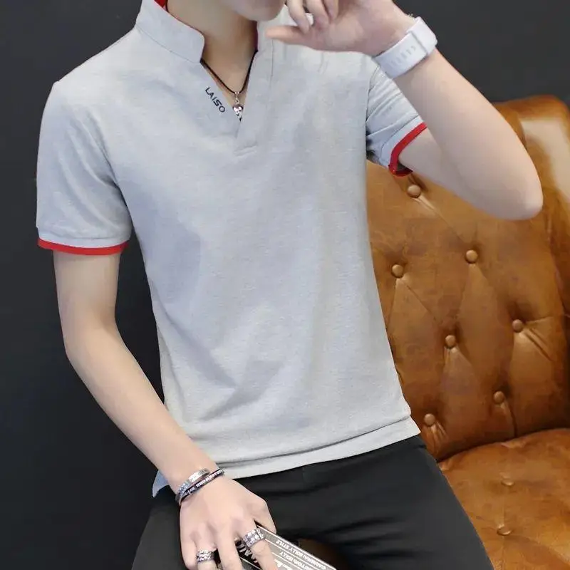 Men Red Korean Style Polo T-Shirt Large - Image 3