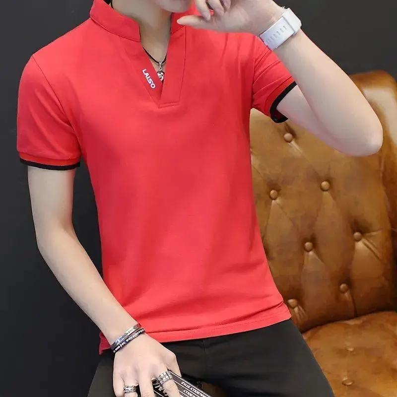 Men Red Korean Style Polo T-Shirt Large - Image 4