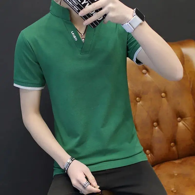 Men Red Korean Style Polo T-Shirt Large - Image 5