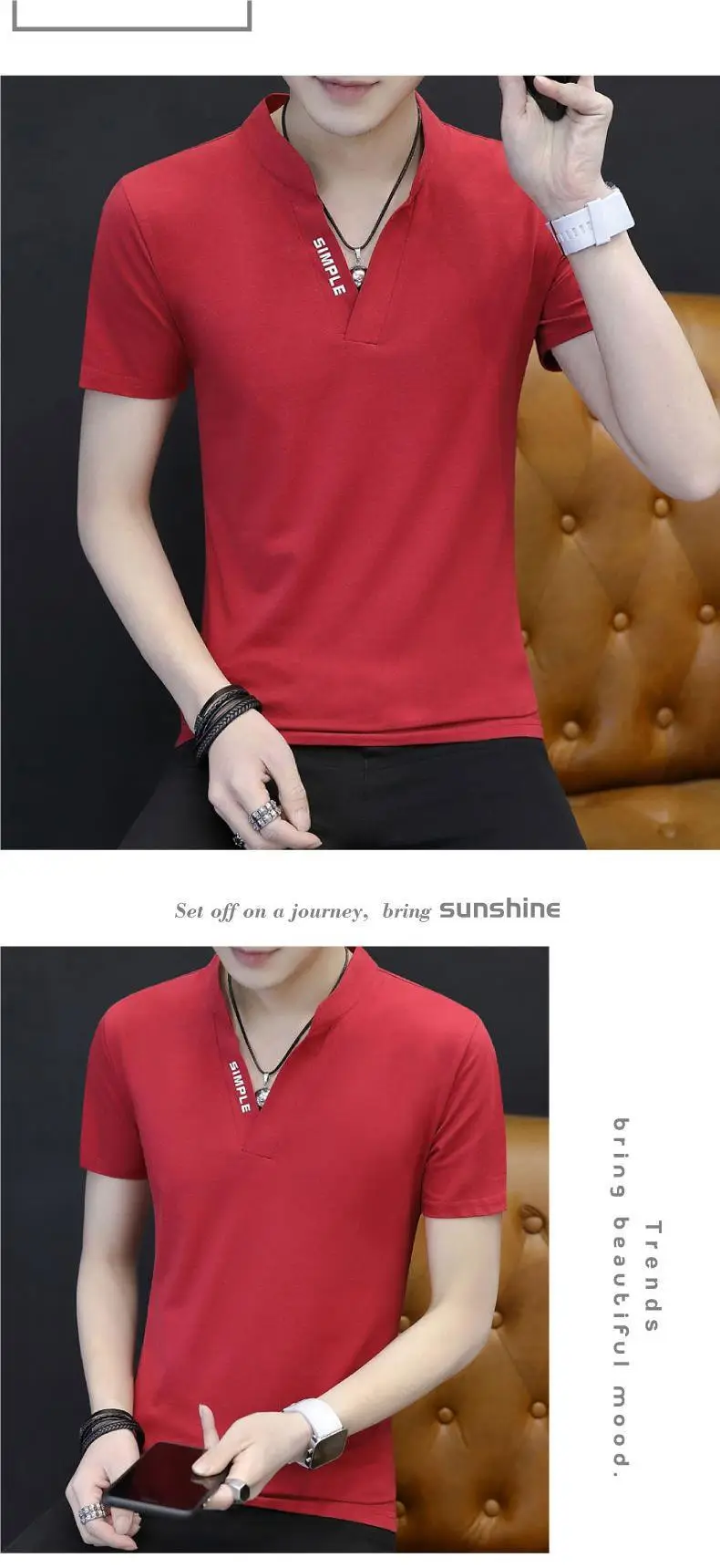 Men Red Korean Style Polo T-Shirt Large — feature 10
