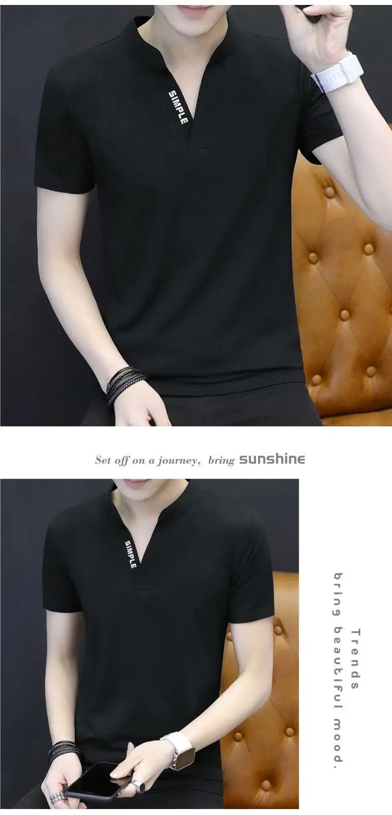 Men Red Korean Style Polo T-Shirt Large — feature 4
