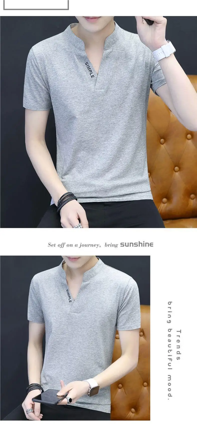Men Red Korean Style Polo T-Shirt Large — feature 7