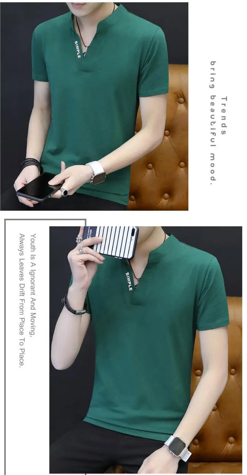 Men Red Korean Style Polo T-Shirt Large — feature 9