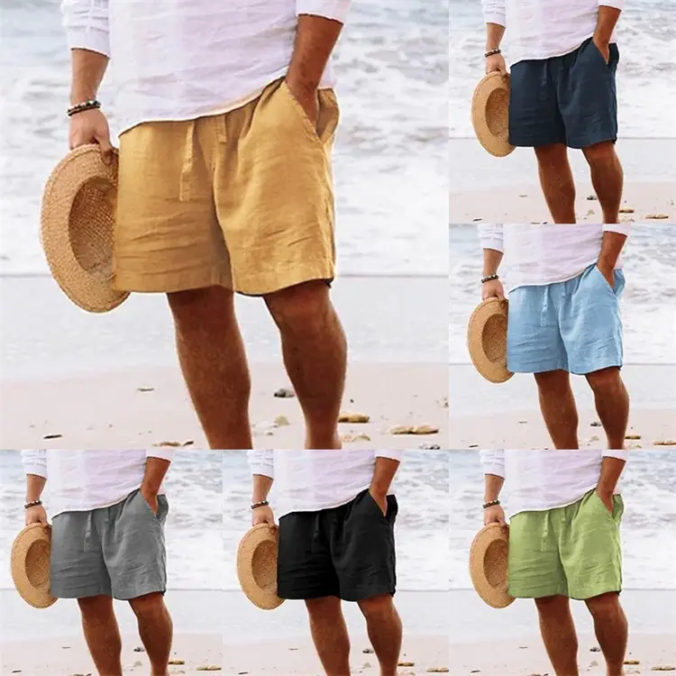 Men Drawstring Elastic Waist Shorts Blue Cotton Linen - Image 8